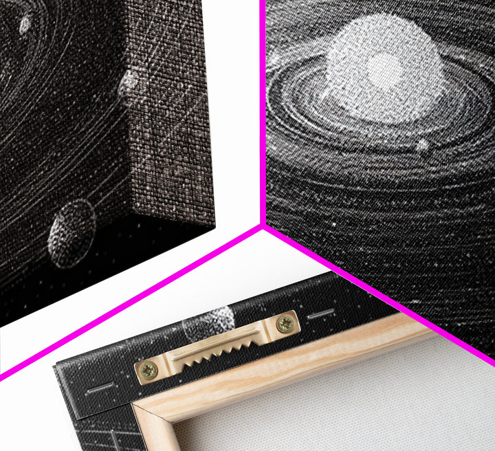 Black White Solar System Framed Canvas Print, Retro Sci Fi Wall Art, Midcentury Space Poster, Astronomy Office Decor Gift