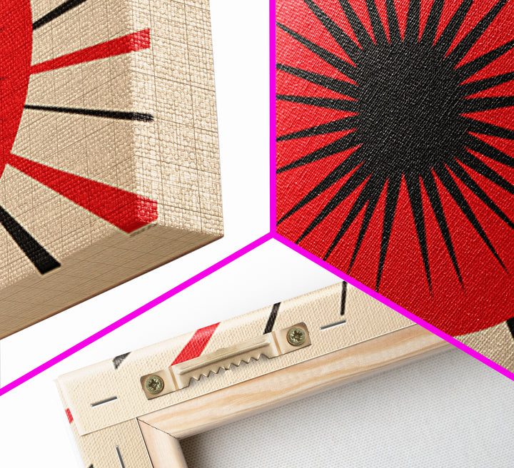 Red Black Atomic Sun Wall Art, Midcentury Modern Decor, Retro Geometric Print, Starburst MCM Office Decor Canvas Print Gift