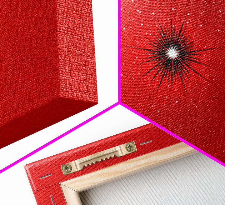 Minimal Red Starburst Wall Art, Modern Abstract Art Print, Retro Space Poster, Black White Spark Decor, Bold MCM Home Decor Gift