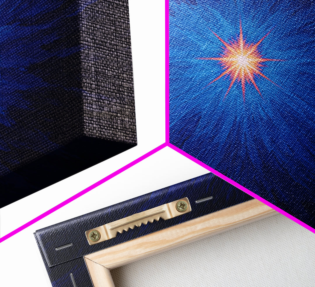 Electric Blue Cosmic Burst With Orange Star Center Canvas Print, Modern Abstract Art, Space Wall Decor For Bedroom And Office