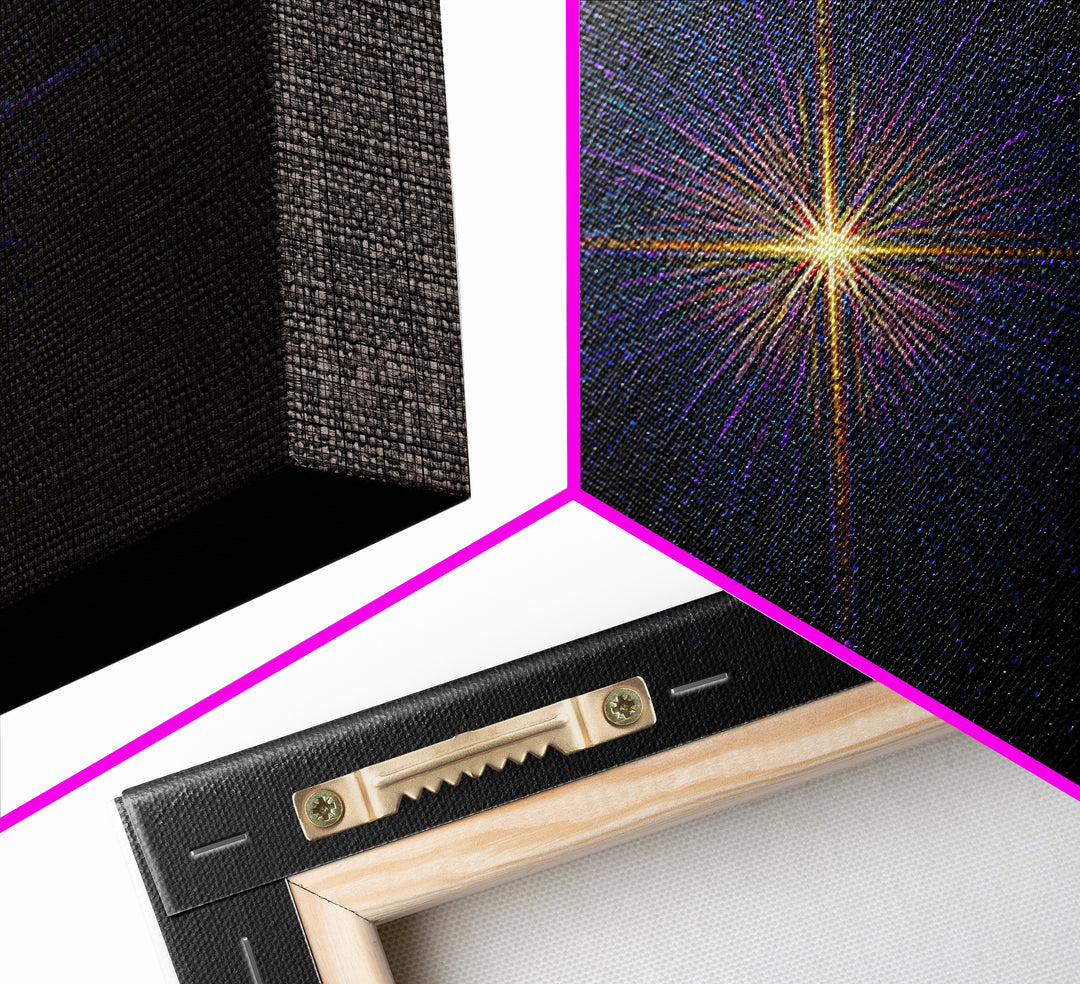 Neon Dotted Starburst On Black Space Wall Art, Retro Futuristic Digital Art Print, Modern Geometric Decor For Office And Studio