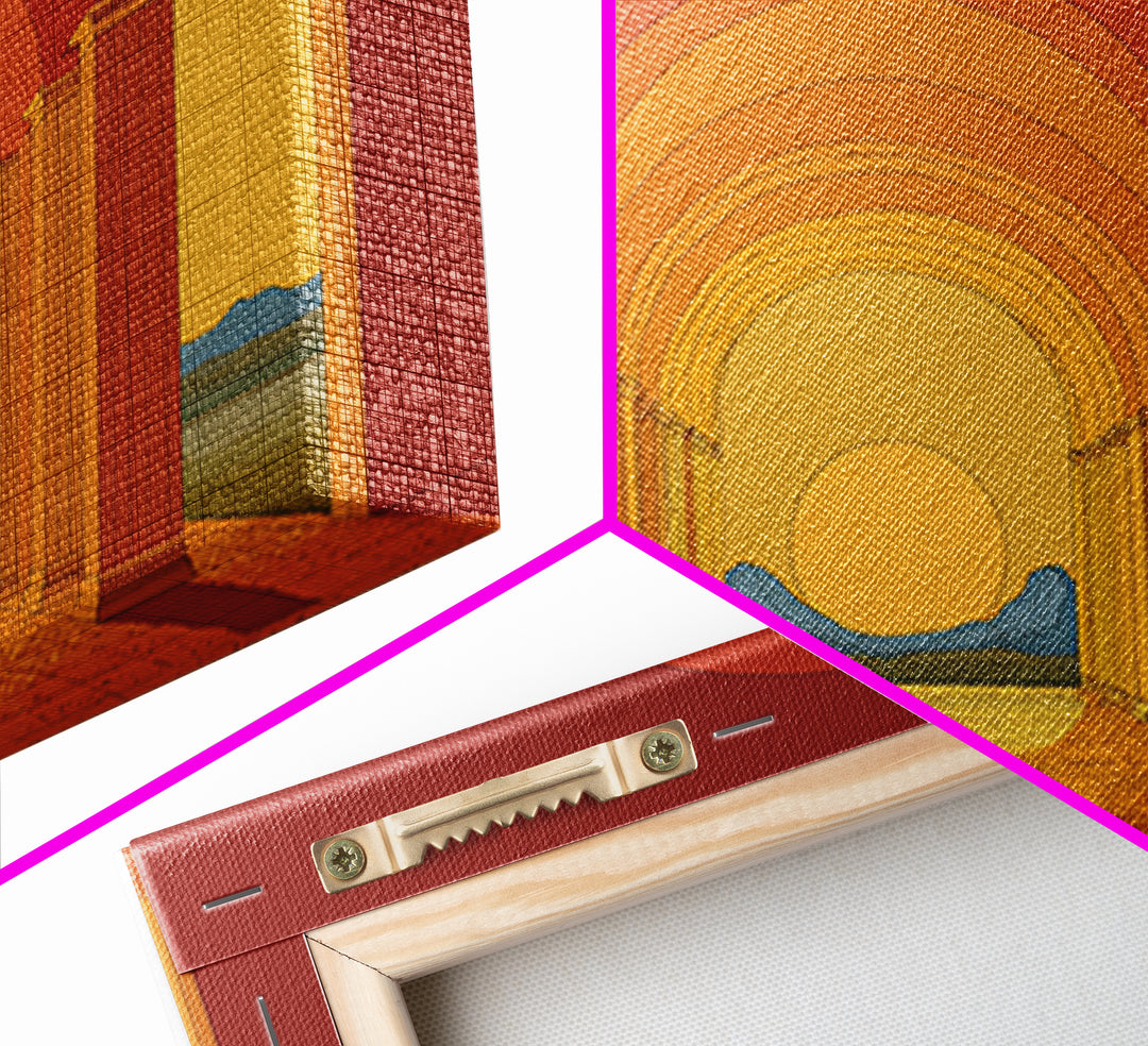 Sunset Arcade Colonnade In Orange Desert Wall Art, Midcentury Modern Architectural Print, Retro Home Decor For Hallway And Entryway