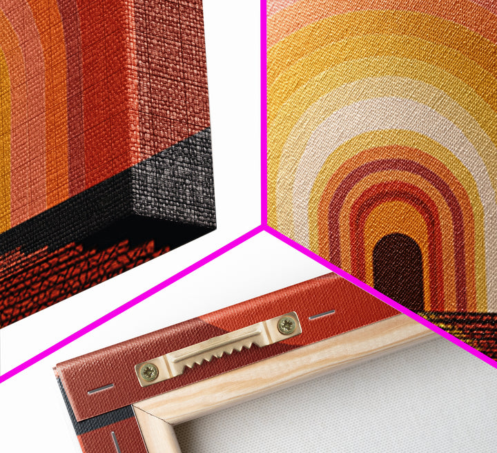 Rainbow Tunnel Arches With Stairway To Light Framed Canvas Print, Retro Wall Art, 70s Geometric Decor For Living Room And Office