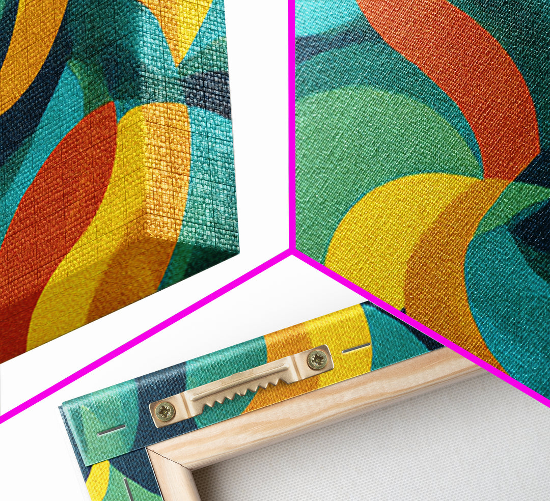Teal Yellow Rust Crescent Shapes Framed Canvas Print, Midcentury Modern Art, Retro Geometric Wall Decor, Colorful Home Poster