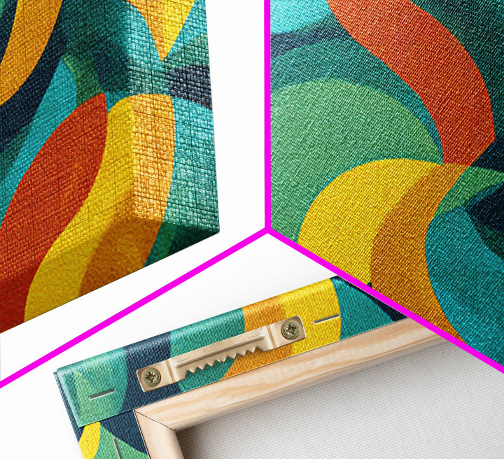 Teal Yellow Rust Crescent Shapes Framed Canvas Print, Midcentury Modern Art, Retro Geometric Wall Decor, Colorful Home Poster