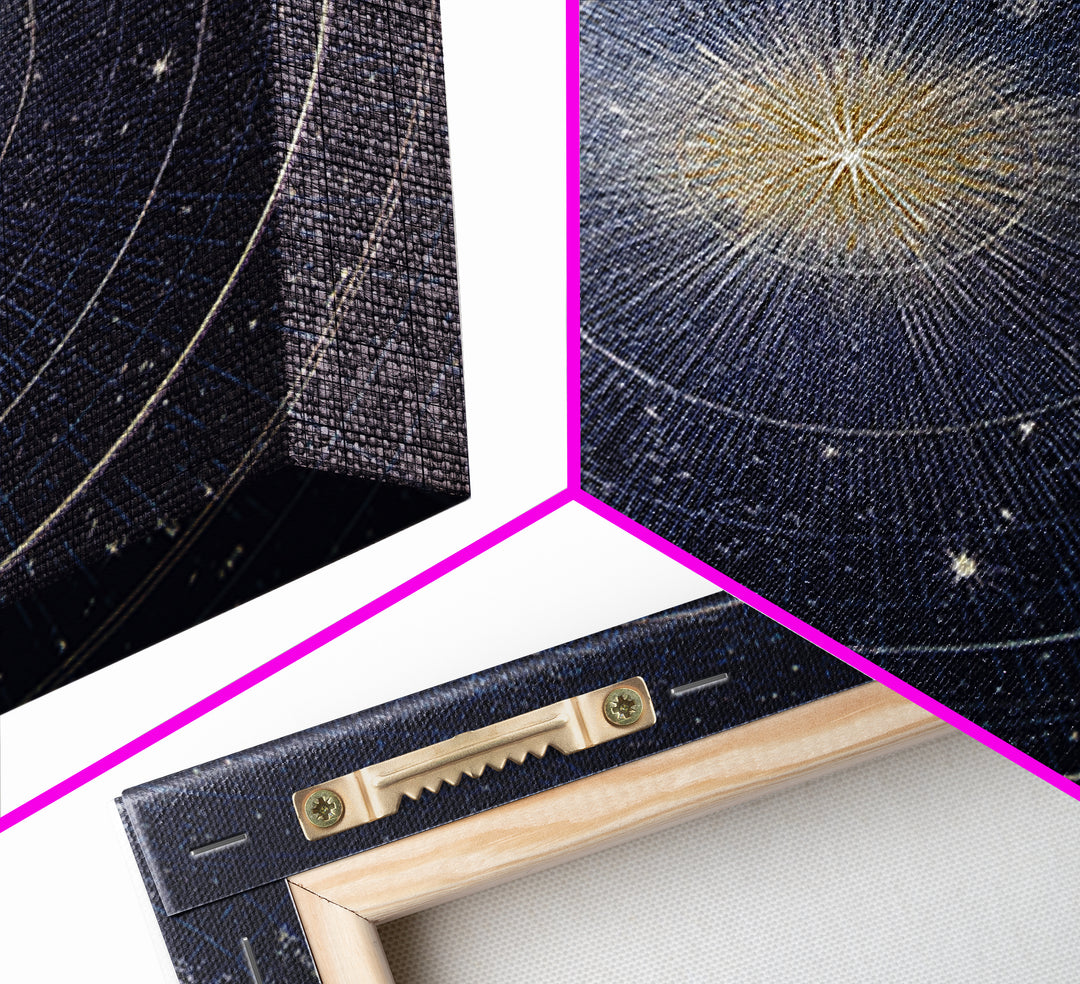 Navy Gold Celestial Compass Framed Canvas Print, Star Map Wall Art, Modern Cosmic Decor, Astronomy Home Office Poster Gift