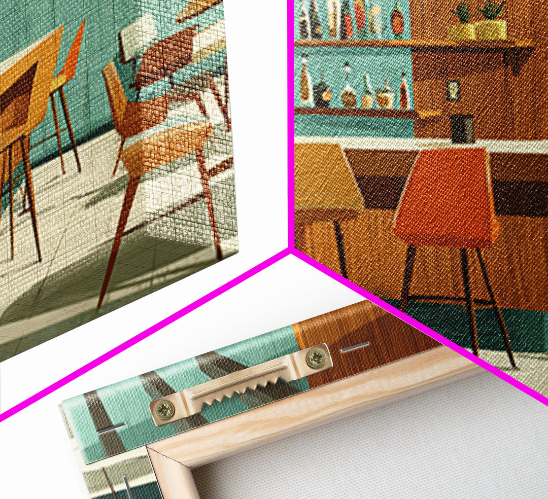 Wood And Teal Modernist Lounge Bar Wall Art, Midcentury Modern Canvas Print, Retro Cocktail Poster, Scandinavian Decor, MCM Decor