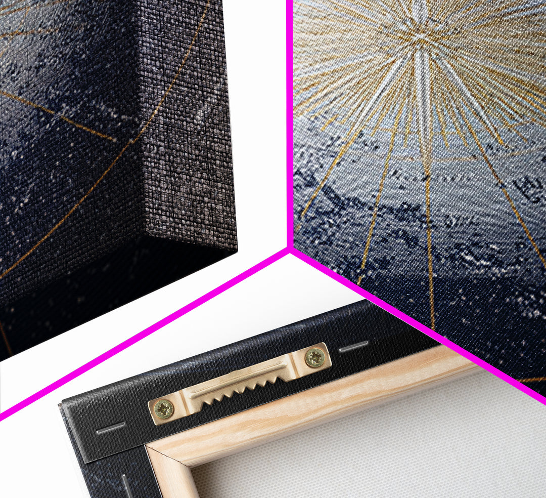Blue Gold Radiant Star Map Canvas Print, Celestial Compass Wall Art, Modern Cosmic Decor, Astronomy Living Room Poster Gift