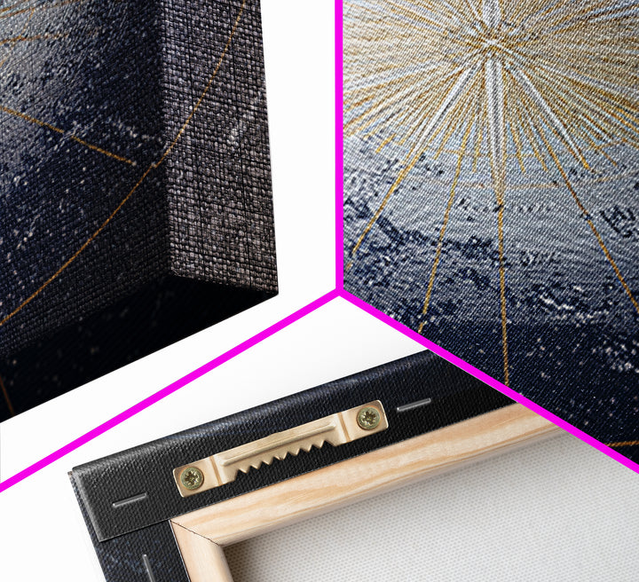 Blue Gold Radiant Star Map Canvas Print, Celestial Compass Wall Art, Modern Cosmic Decor, Astronomy Living Room Poster Gift