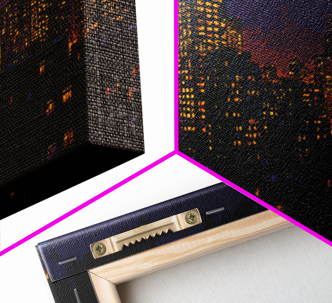 Purple City Skyline At Dusk Canvas Print, Urban Night Poster, Modern Wall Art, Retro Decor, Living Room Decor, Blue Art, Wall Decor