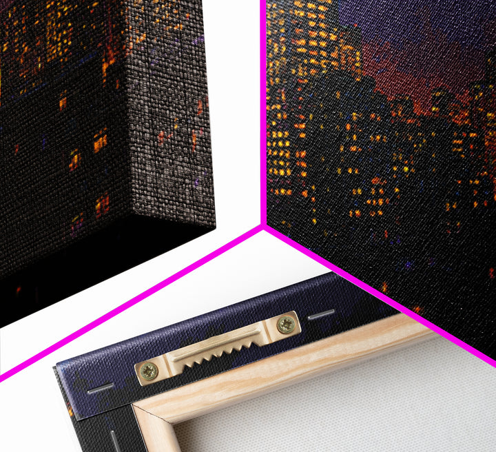 Purple City Skyline At Dusk Canvas Print, Urban Night Poster, Modern Wall Art, Retro Decor, Living Room Decor, Blue Art, Wall Decor