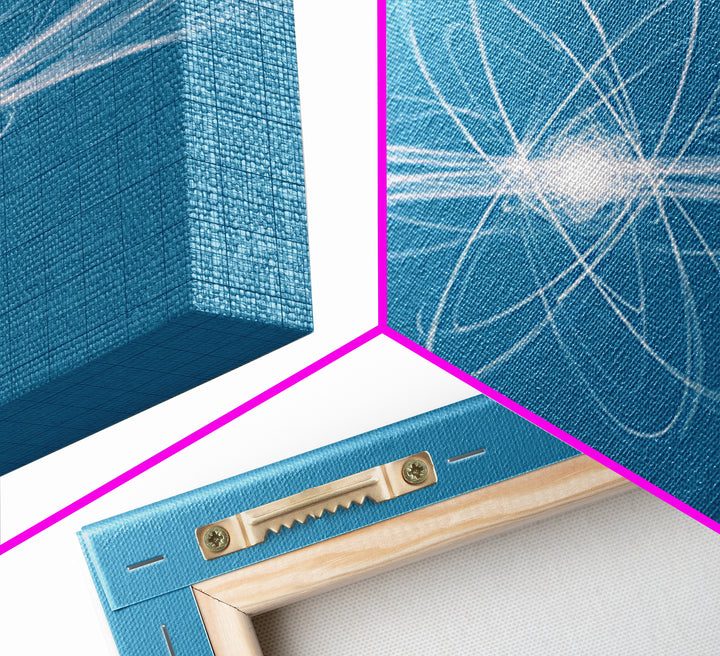 White Atom Energy Lines Canvas Print, Blue Scientific Abstract Art, Modern Wall Decor, Office Decor, Minimalist Art Print