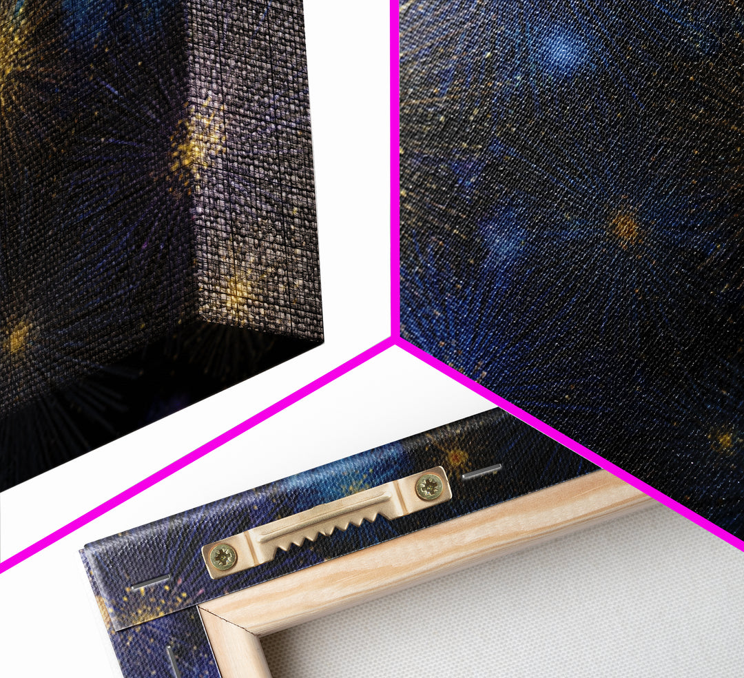 Blue Gold Cosmic Starburst Fireworks Canvas Print, Modern Abstract Art, Space Wall Art, Dark Navy Office Decor, Giclee Print