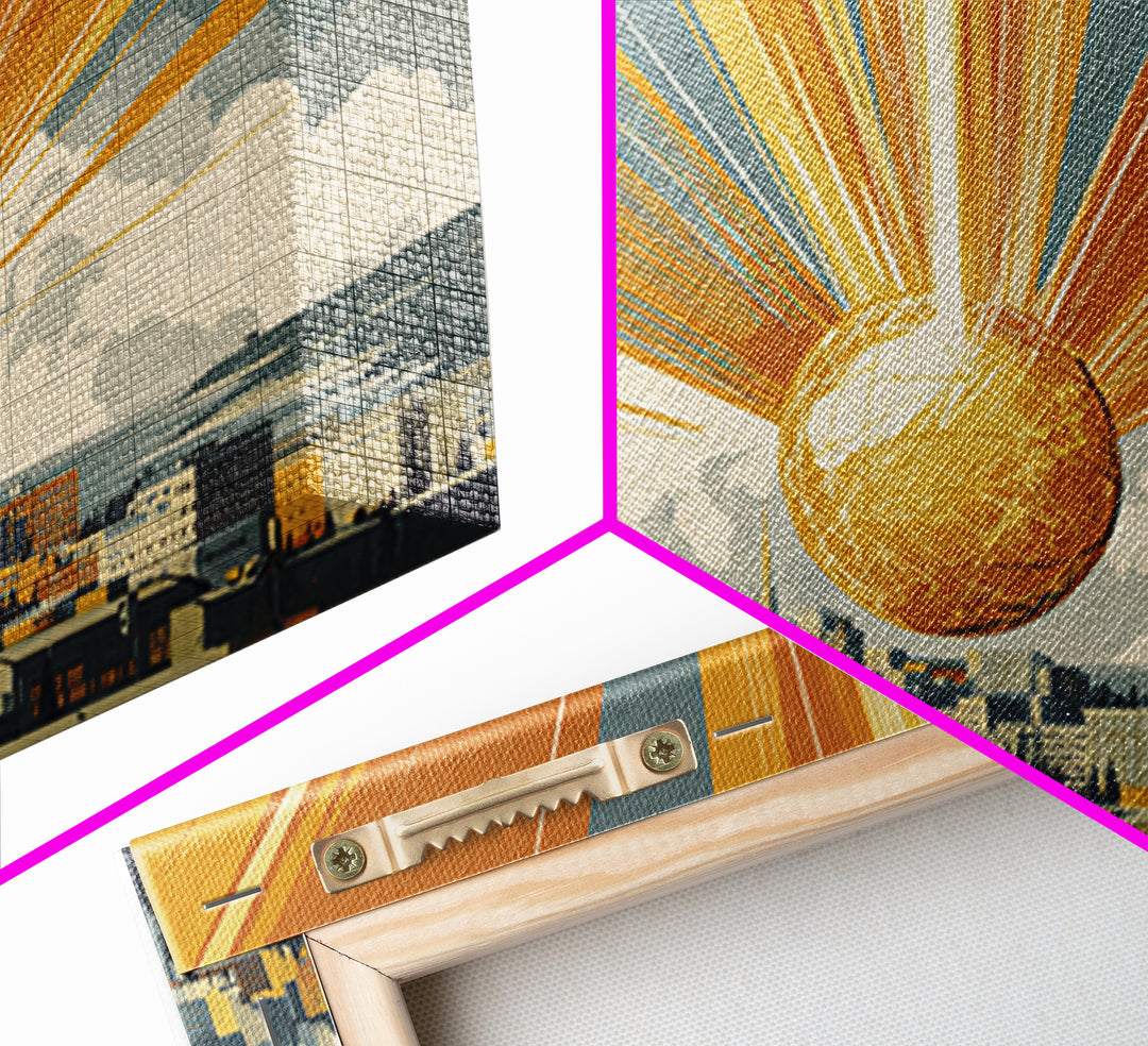 Golden Sphere Over Retro City Skyline Framed Canvas Print, Sunburst Wall Art, Midcentury Modern Decor, Futuristic Poster