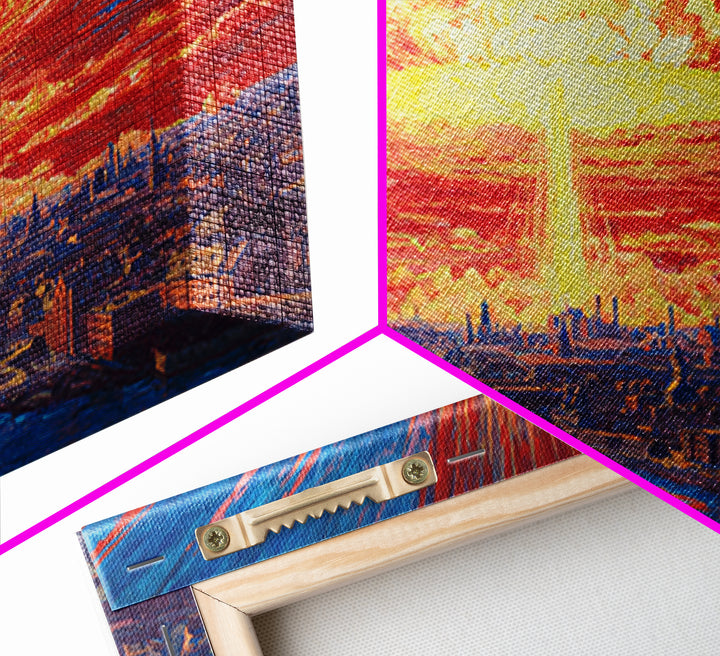 Apocalyptic Sunburst City Skyline Over River Wall Art, Sci Fi Retro Poster, Dramatic Modern Art Print For Living Room Decor