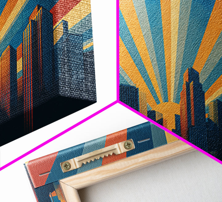 Retro City Skyline Sunrise Rays Wall Art, Midcentury Modern Poster, Urban Modern Art Print For Office And Living Room Decor