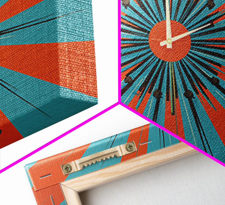 Orange Teal Atomic Starburst Framed Canvas Print, Midcentury Modern Wall Art, Retro Geometric Poster, MCM Decor, Living Room Art