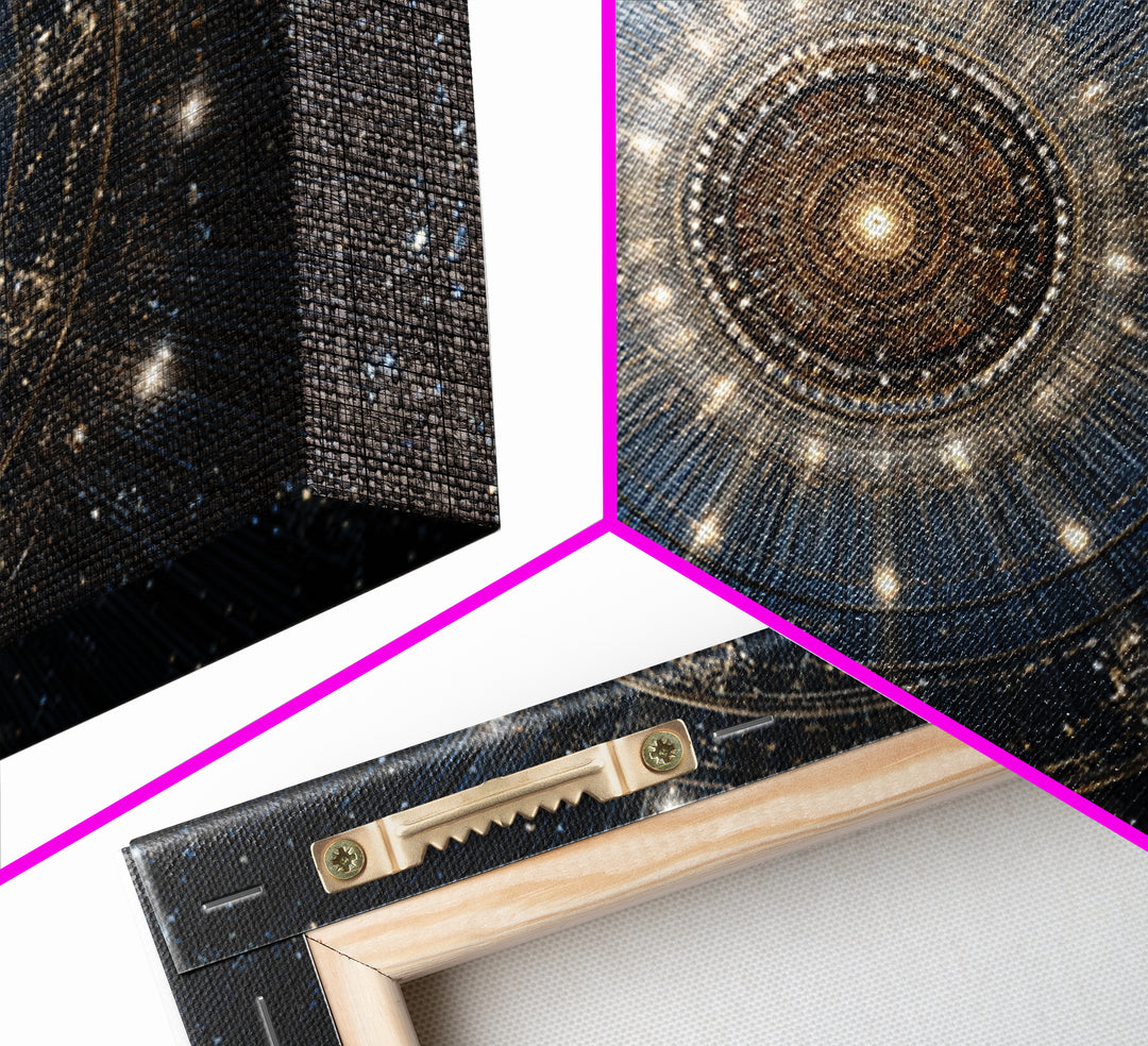Golden Celestial Mechanical Mandala Wall Art, Cosmic Geometric Art Print, Modern Abstract Space Decor, Statement Poster Gift