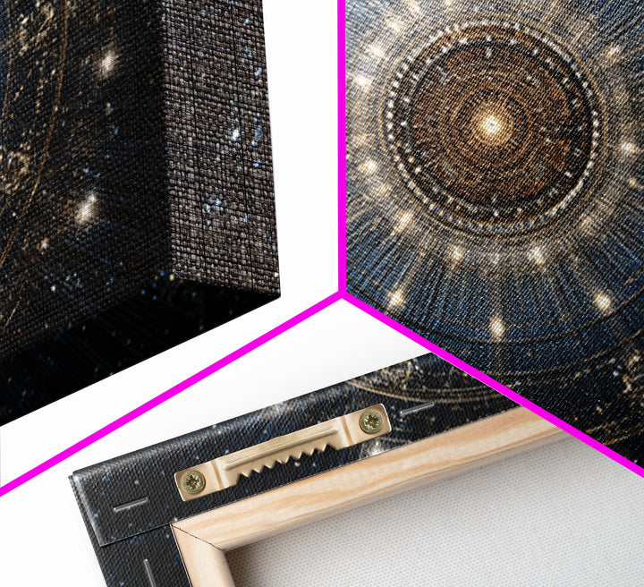 Golden Celestial Mechanical Mandala Wall Art, Cosmic Geometric Art Print, Modern Abstract Space Decor, Statement Poster Gift