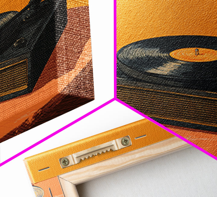 Retro Record Player With Coffee Canvas Print, Midcentury Modern Music Poster, Vinyl Turntable Wall Art, Orange Home Decor