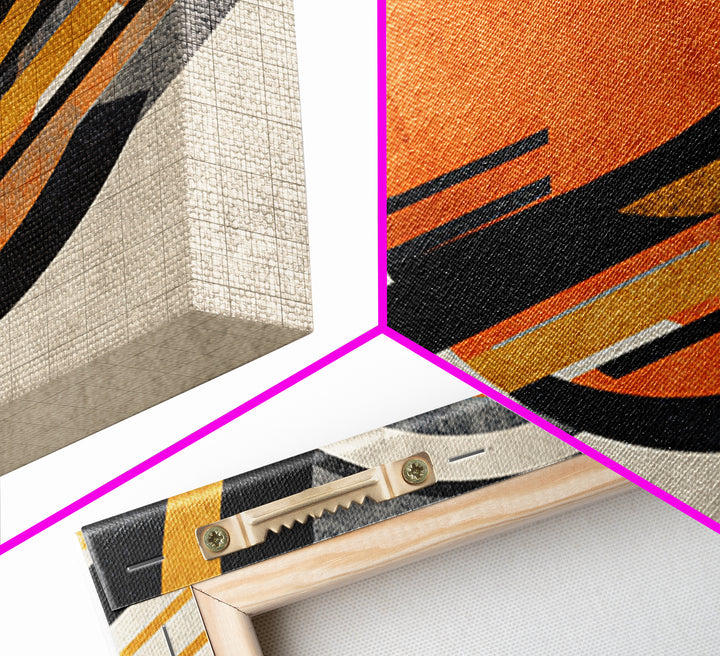 Orange Sun And Sweeping Black Arcs Wall Art, Midcentury Modern Abstract Geometric Print, Atomic Retro MCM Living Room Decor