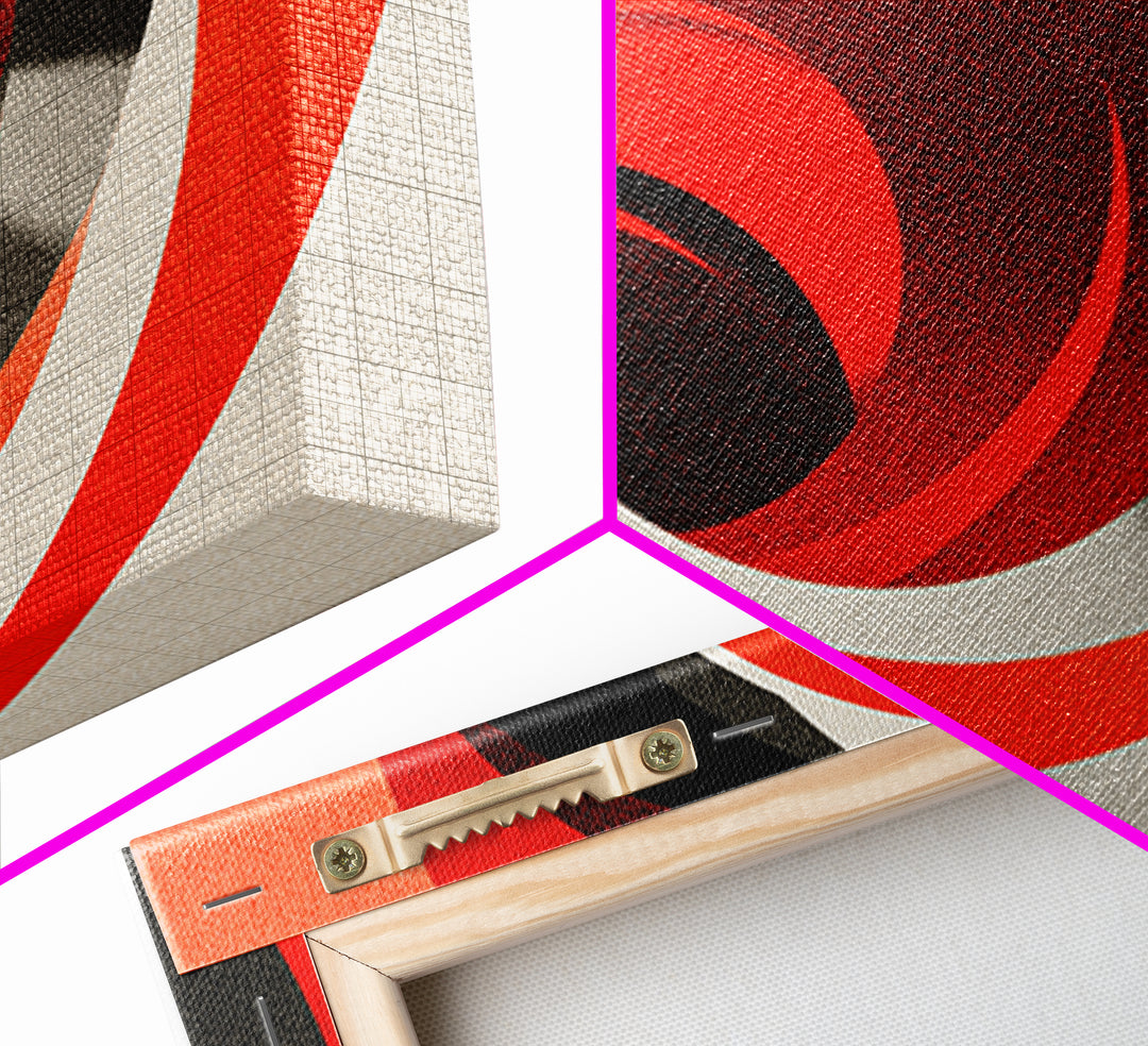 Red Spiral Vortex And Black Curves Canvas Print, Bold Modern Abstract Op Art Poster, Retro Geometric Statement Wall Decor