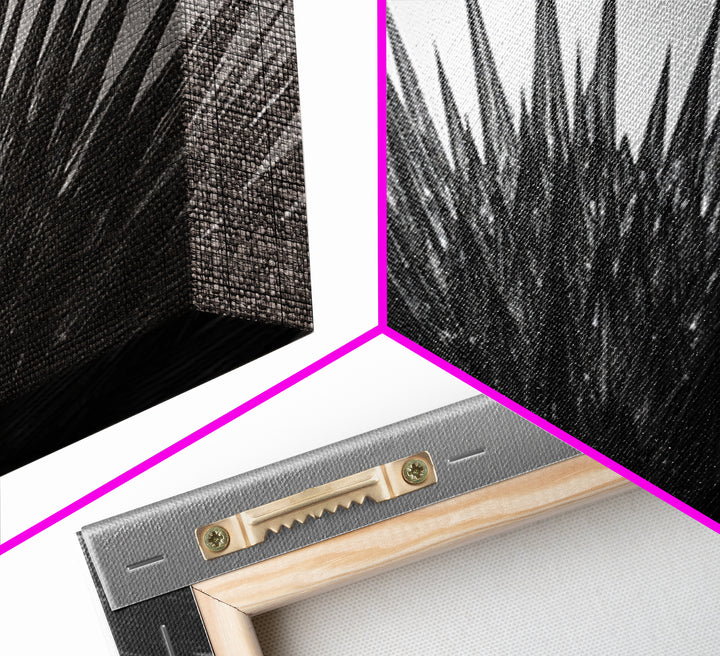 Black Spiky Radial Feather Abstract Wall Art, Monochrome Modern Nature Print, Dramatic Geometric Statement Office Decor