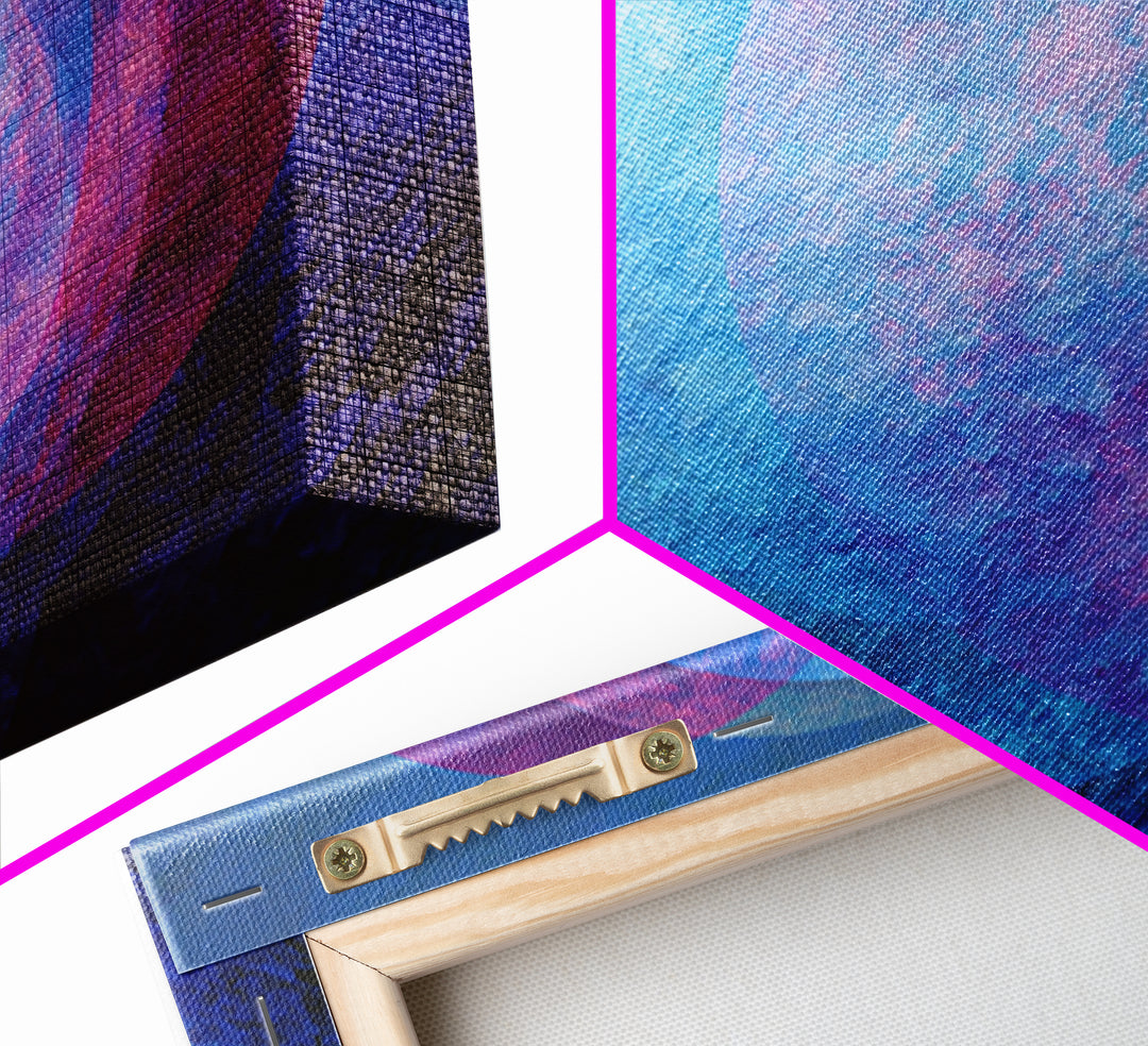 Blue Magenta Overlapping Moons Canvas Print, Abstract Space Wall Decor, Modern Geometric Art, Moody Bedroom Poster, Blue Wall Art