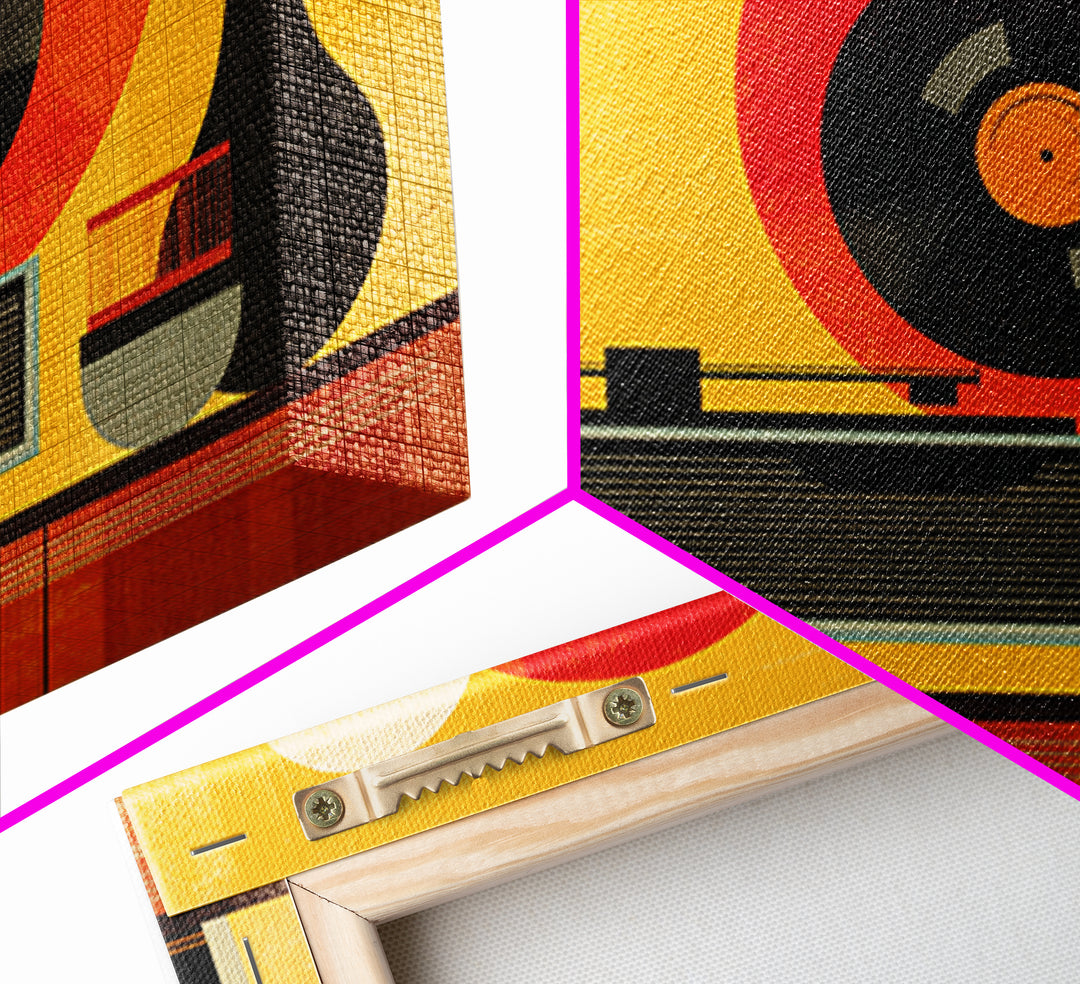 Bold Yellow Stereo And Red Vinyl, Mid Century Modern Canvas Print, Retro Music Room Wall Decor, MCM Record Player Poster