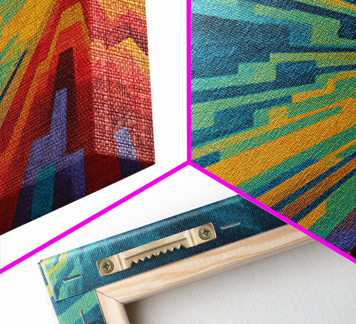 Neon Geometric Speed Lines In Teal Orange, Canvas Print, Abstract Wall Art, Modern Digital Art Poster For Gaming Room Decor