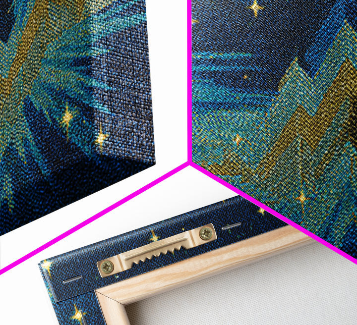 Starry Turquoise Mountains With Golden Peaks, Framed Canvas Print, Cosmic Retro Wall Art, Modern Abstract Decor For Living Room