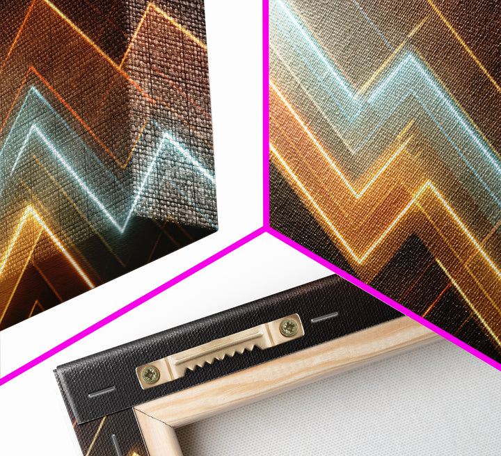 Glowing Neon Chevron Lines In Smoky Dark, Canvas Print, Geometric Wall Art, Modern Abstract Poster For Office Or Game Room