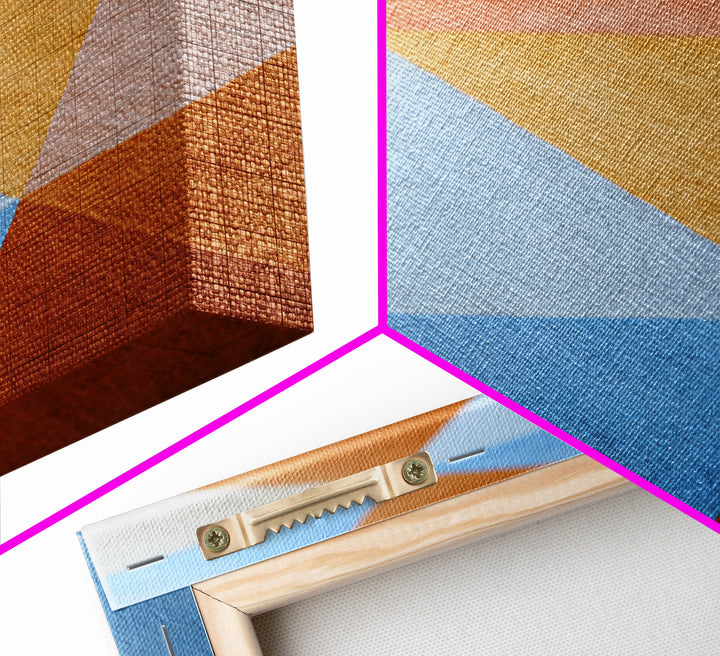 Rust Blue Ochre Triangle Pattern Wall Art, Midcentury Modern Geometric Art Print, Abstract Home Office Decor, Large Canvas Print