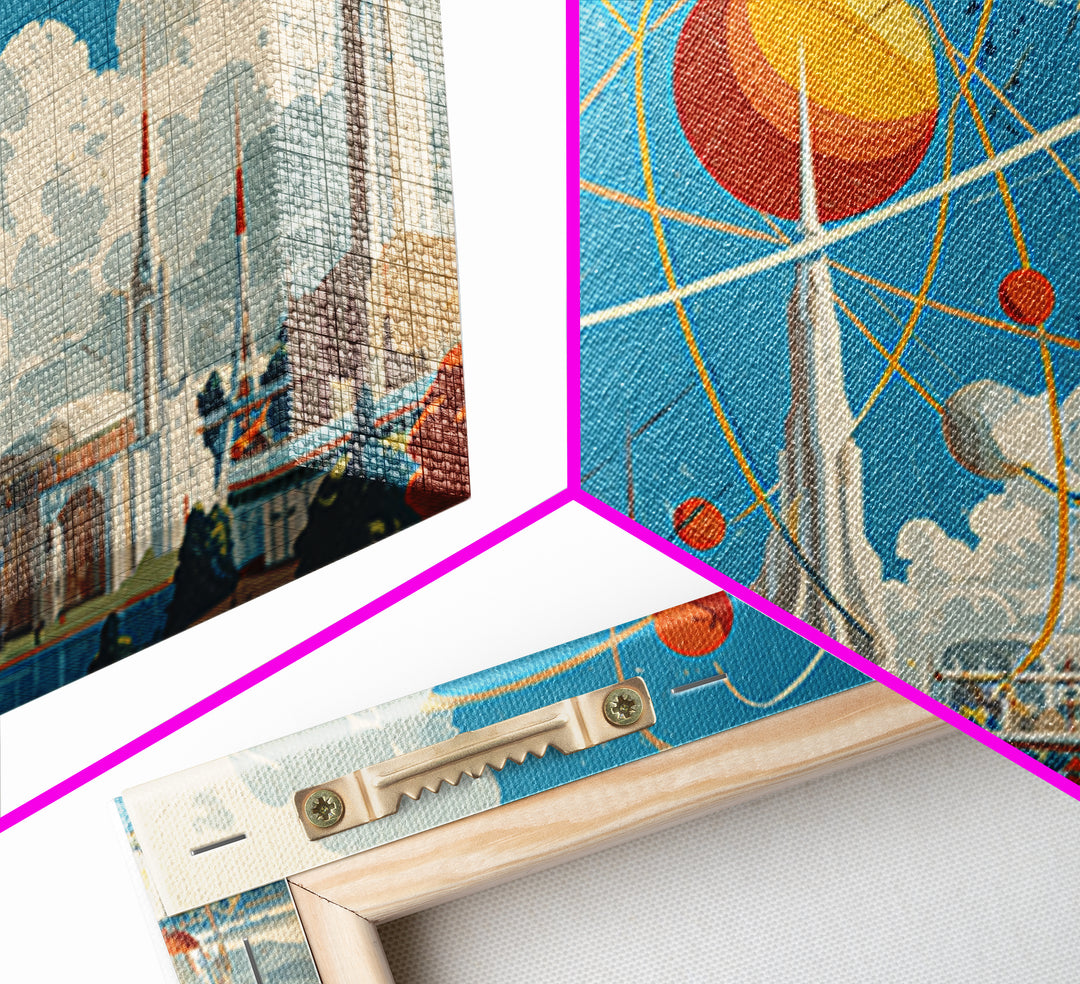 Atomic Solar System Skyline Framed Canvas Print, Midcentury Modern Sci Fi Wall Art, Retro Space Age MCM City Decor Poster