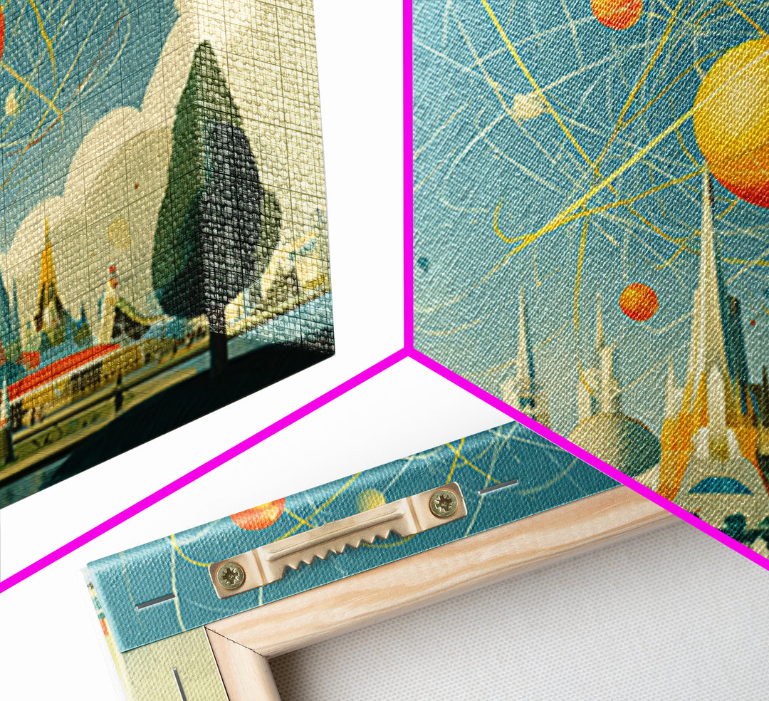Midcentury Atomic Expo Skyline Wall Art, Retro Futurist Geometric Poster, Modern Space Age MCM Living Room Decor, Canvas Print