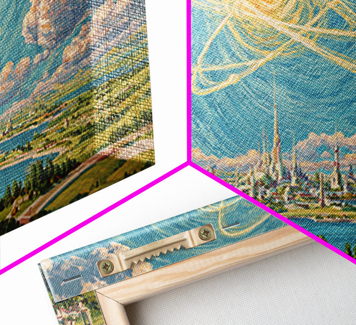Radiant Atomic Sky Over Future City Wall Art, Midcentury Modern Sci Fi Landscape Poster, Retro Space Age MCM Decor Print