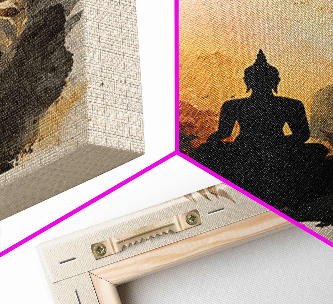 Buddha Silhouette Surrounded by Warm Light Framed Canvas Print, Meditation Art, Boho Decor, Living Room Decor, Oil Painting, MED-1x1-79