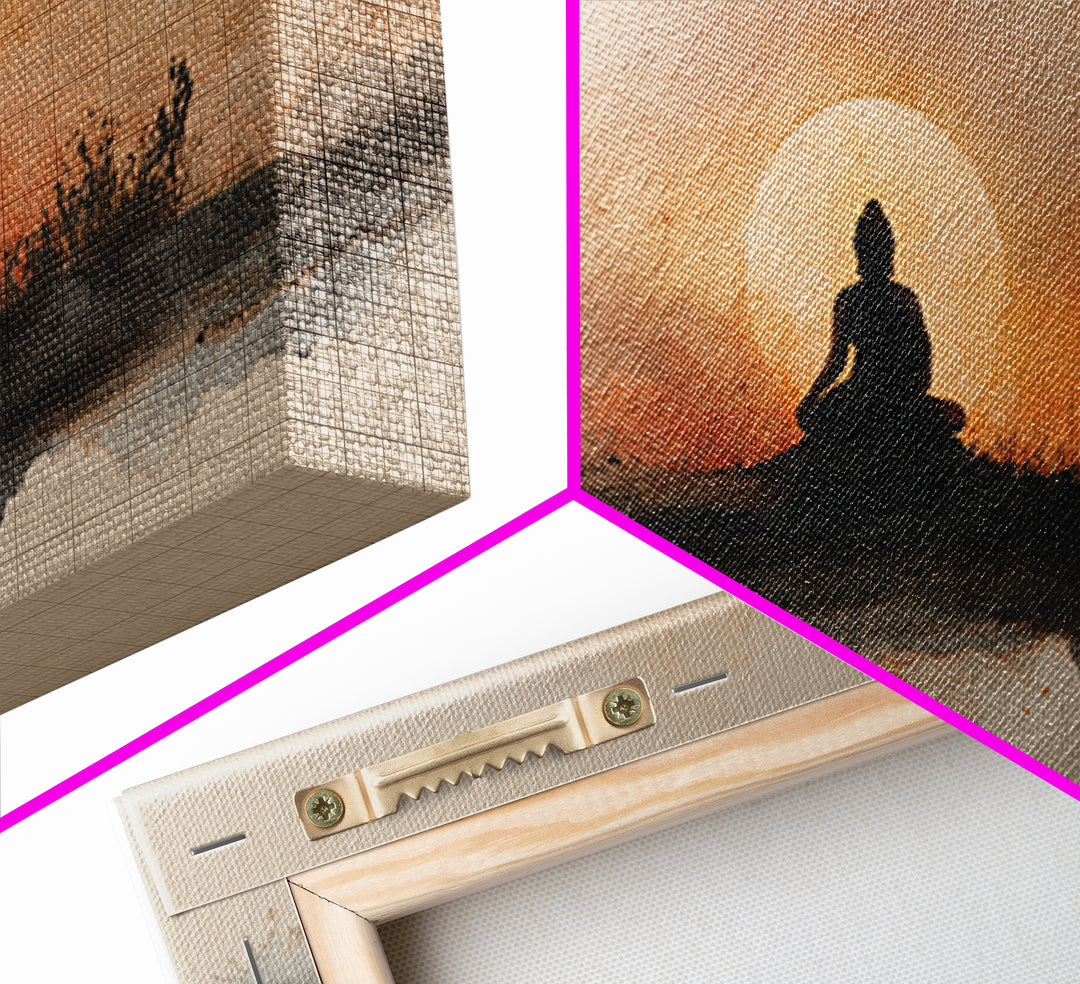 Buddha Silhouette Surrounded by Warm Light Canvas Print, Meditation Art, Gallery Wall Art, Living Room Decor, Stillness, MED-2x1-51