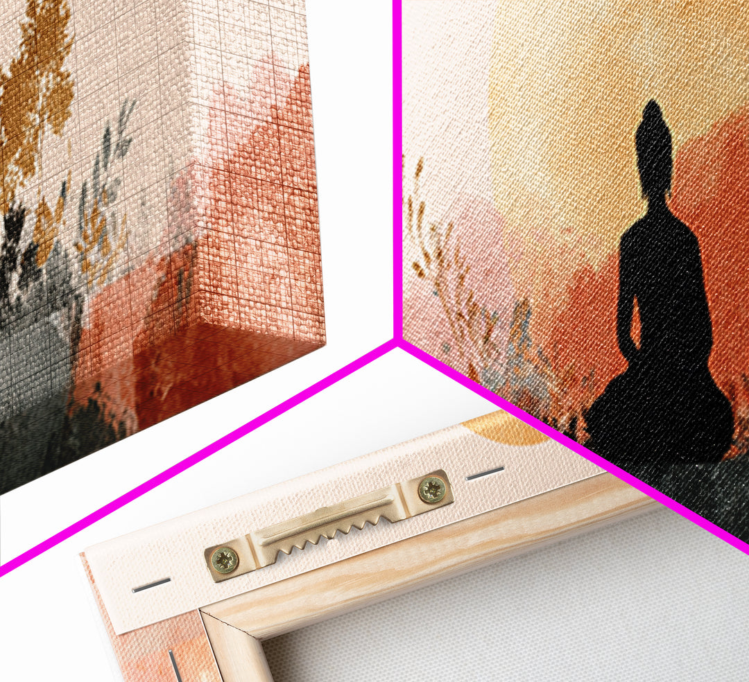 Buddha Silhouette Surrounded by Warm Light Framed Canvas Print, Meditation Art, Art Print, Living Room Decor, Stillness, MED-3x1-23