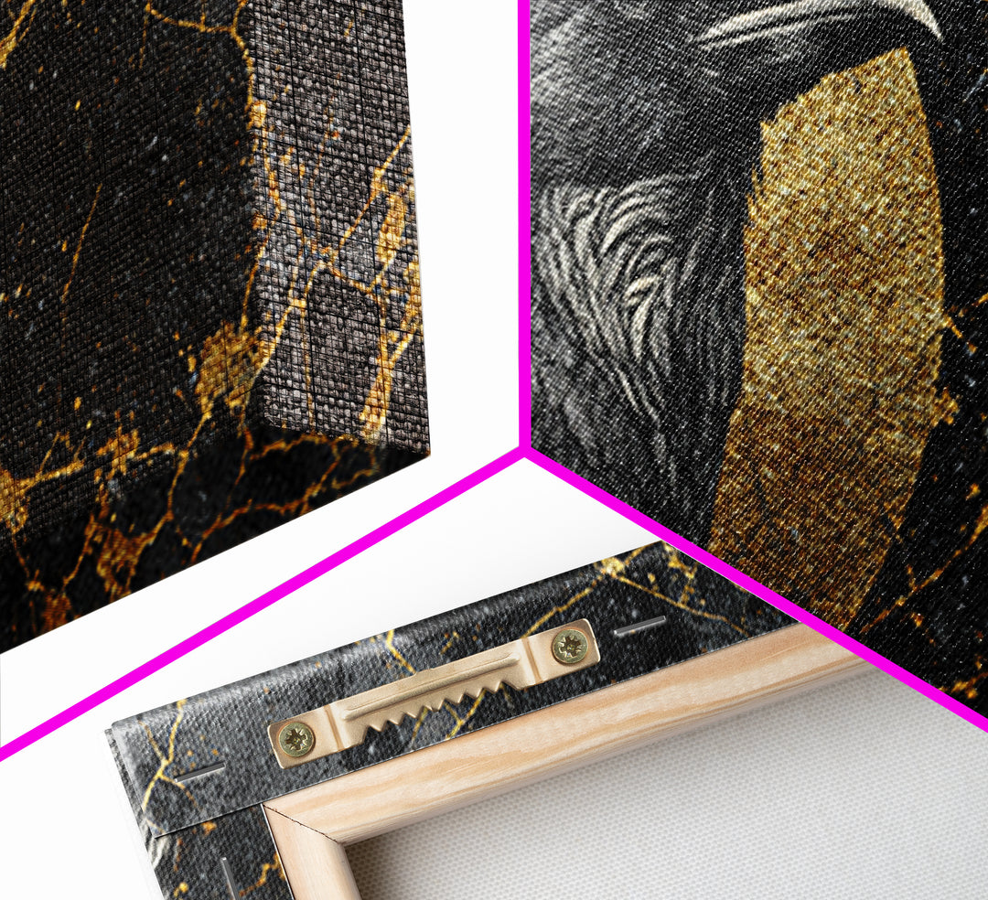 Raven Gold Canvas Print, Dark Bird Art With Lunar Circle Design, Real Wood Frame Wall Décor, Mystical Gothic Nature Artwork