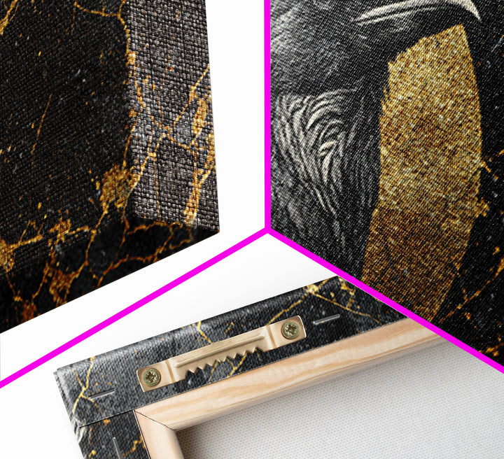 Raven Gold Canvas Print, Dark Bird Art With Lunar Circle Design, Real Wood Frame Wall Décor, Mystical Gothic Nature Artwork