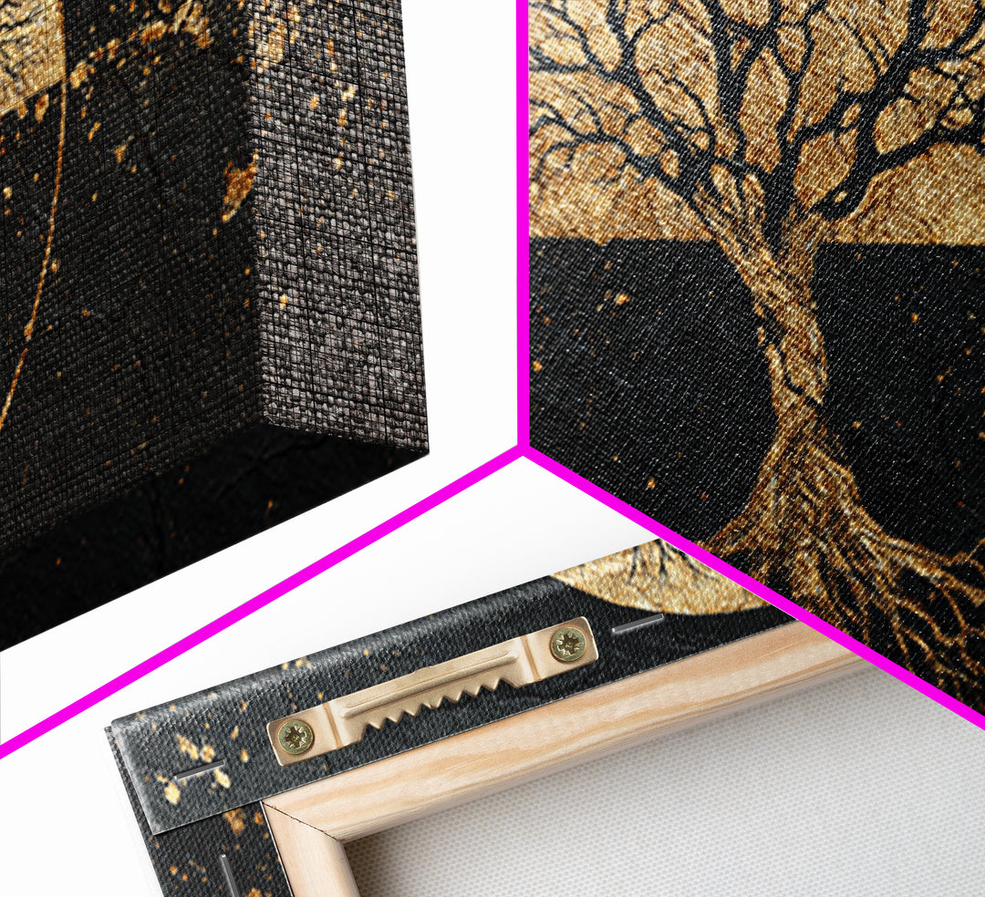 Mystical Roots Tree Gold Canvas Art, Sacred Nature Symbol Canvas Print, Real Wood Frame Wall Décor, Spiritual Mythical Decorative Artwork