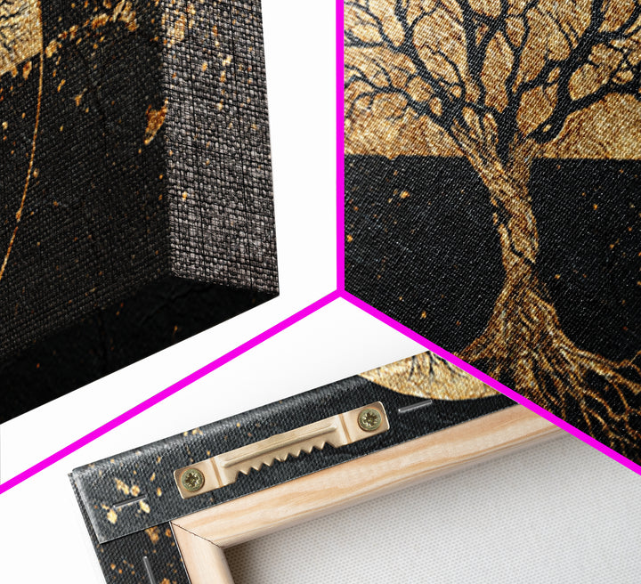 Mystical Roots Tree Gold Canvas Art, Sacred Nature Symbol Canvas Print, Real Wood Frame Wall Décor, Spiritual Mythical Decorative Artwork