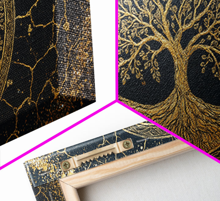 Tree Of Life Circle Gold Canvas Print, Sacred Geometry Wall Art, Norse Yggdrasil Artwork, Real Wood Frame Decor