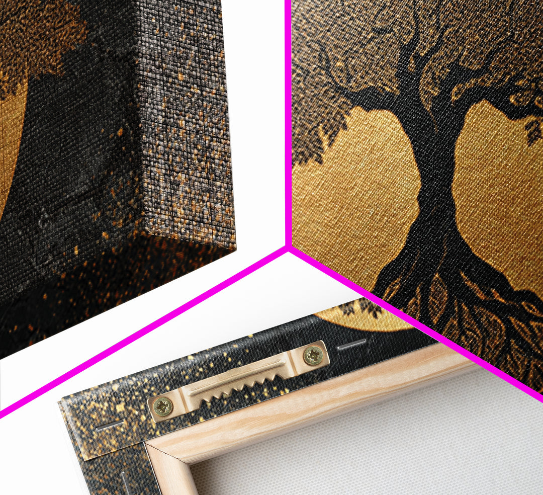 Elegant Tree Of Life Gold Canvas Print, Modern Sacred Geometry Wall Art, Mystical Symbol Artwork, Real Wood Frame Decor