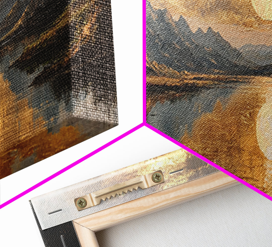 Mountain Lake Gold Canvas Print, Golden Sun Over Peaks And Reflection Art, Real Wood Frame Wall Décor, Tranquil Landscape Artwork
