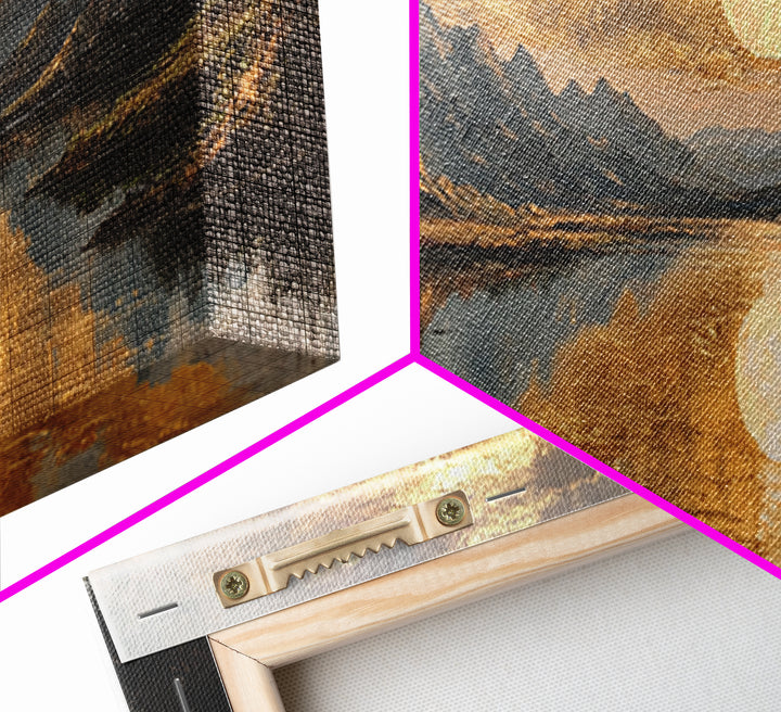 Mountain Lake Gold Canvas Print, Golden Sun Over Peaks And Reflection Art, Real Wood Frame Wall Décor, Tranquil Landscape Artwork
