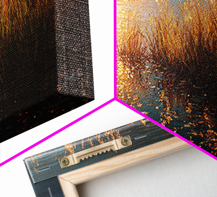 Golden Reeds Gold Canvas Art, Sunset Water Reflection With Grass Canvas Print, Real Wood Frame Wall Décor, Serene Nature Inspired Artwork