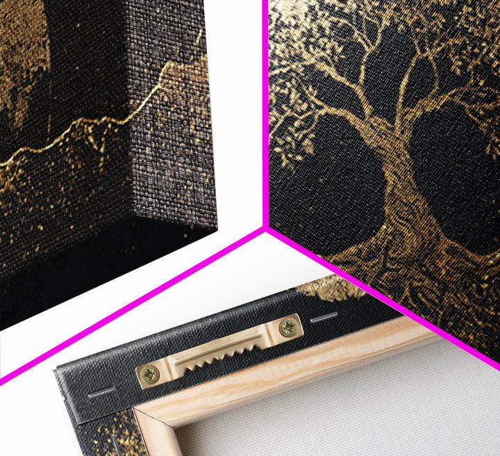 Sacred Tree Gold Canvas Art, Symbolic Roots And Branches Canvas Print, Real Wood Frame Wall Décor, Mystical Spiritual Nature Artwork