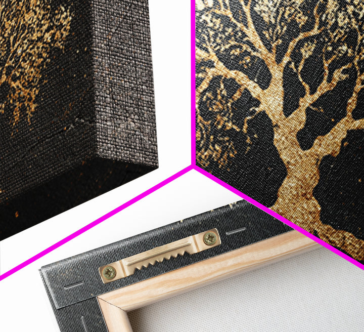Ancient Oak Gold Canvas Print, Timeless Tree Of Life Design Artwork, Real Wood Frame Wall Décor, Nature Inspired Mystical Symbol Art